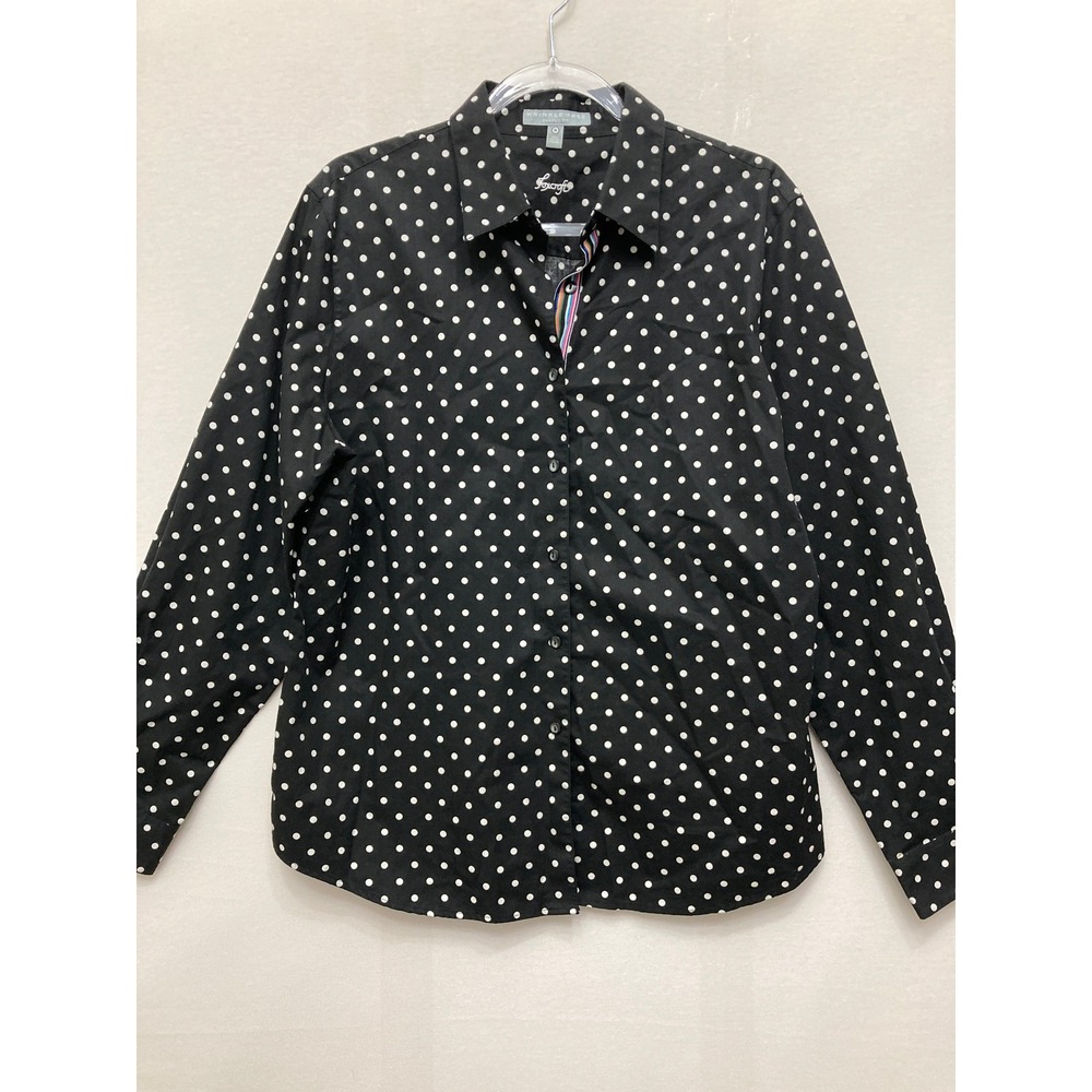 Foxcroft Button Up Shirt size 16 Black Polka Dot Wrinkle Free Shaped Fit Cotton